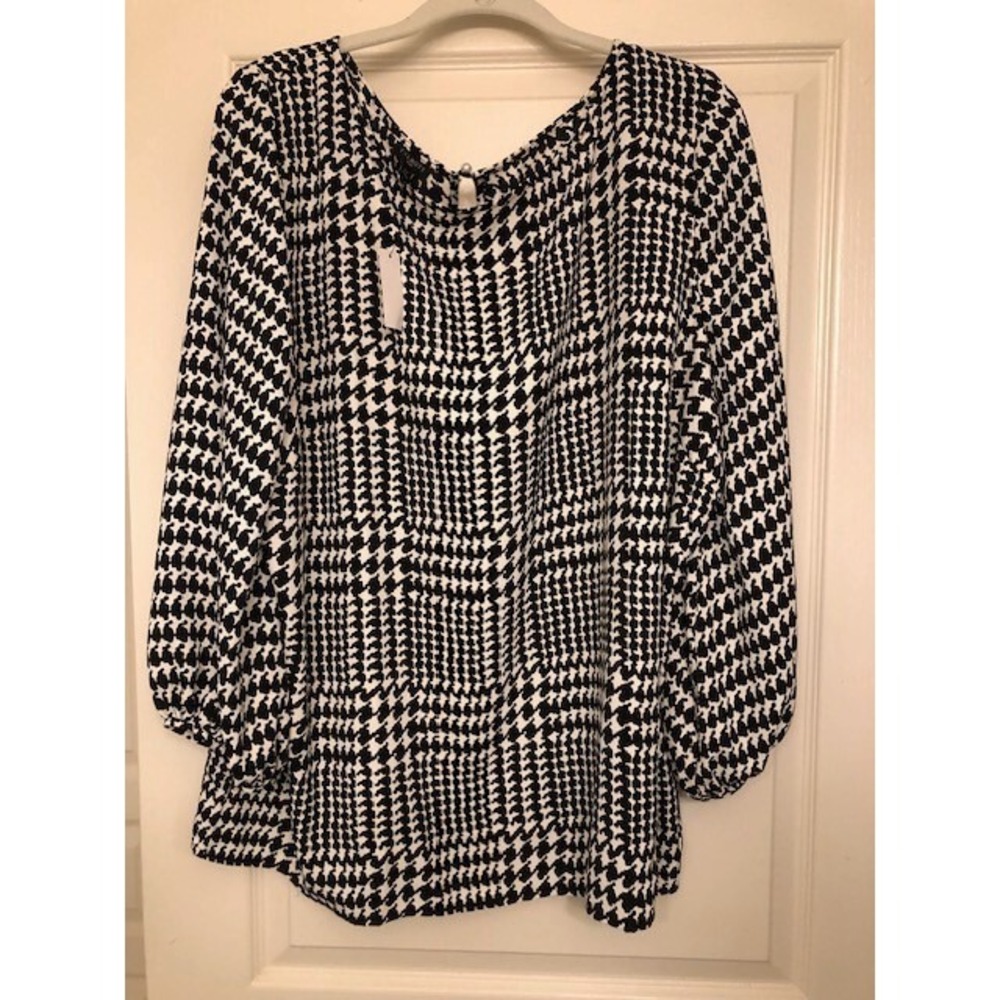 Talbots Blouse Women's Plus 2X Poet Sleeve Black/White Houndstooth Preppy NWT - Picture 2 of 4
